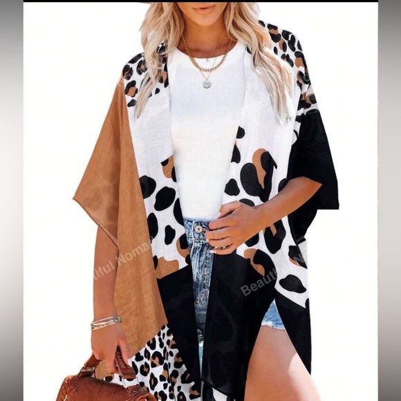 Kimono Cape Coverup Leopard Print Batwing Sleeve Asymmetrical Hem Kimono nwt - Picture 2 of 9